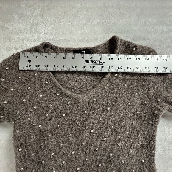 She by Sheri Bodell Wool Blend Pearl Embellished V-neck Sweater 10, Large Brown - Picture 6 of 8